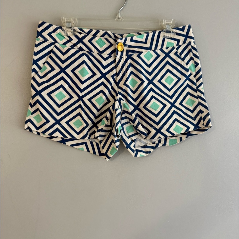 Laurence and Lillian Geometric Print High-Waist Women's Shorts in Navy & Mint